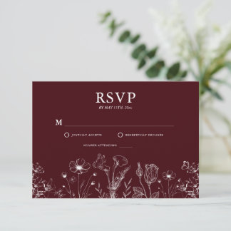 Cartão RSVP Elegant Floral Burgundy Wedding
