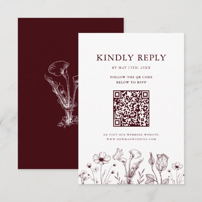 Cartão RSVP Elegant Floral Burgundy Wedding QR Code (Frente/Verso)