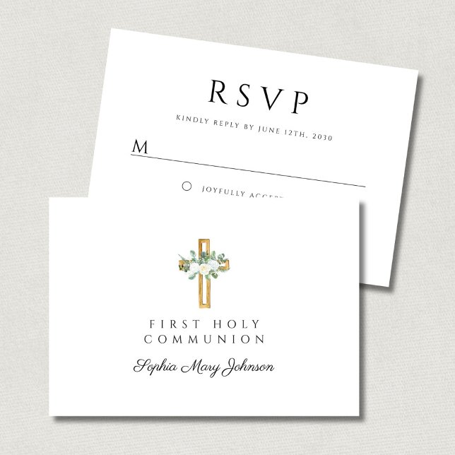 Cartão RSVP Elegant Floral Cross Girl First Holy Communion (Elegant Floral Cross Girl First Holy Communion RSVP Card)
