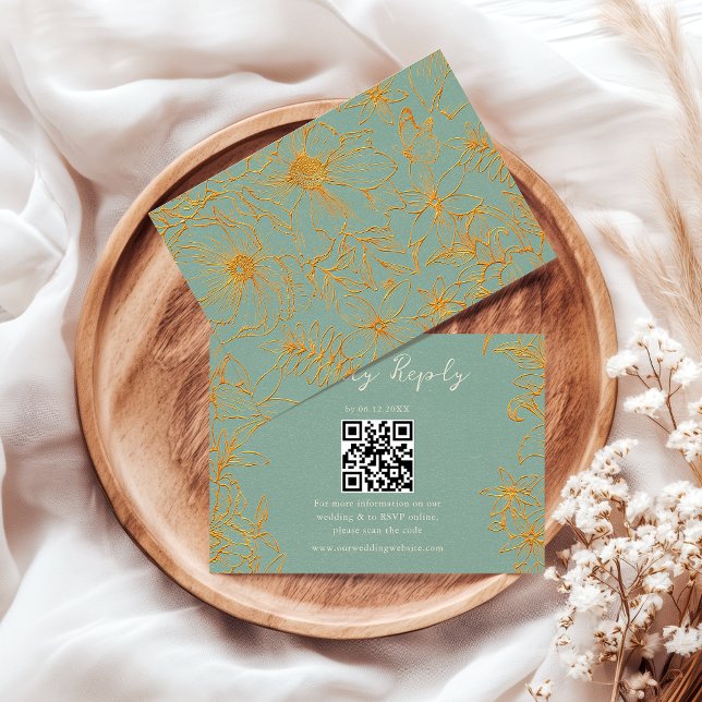 Cartão RSVP Elegant Floral Sage Green Gold QR Code Wedding (Criador carregado)