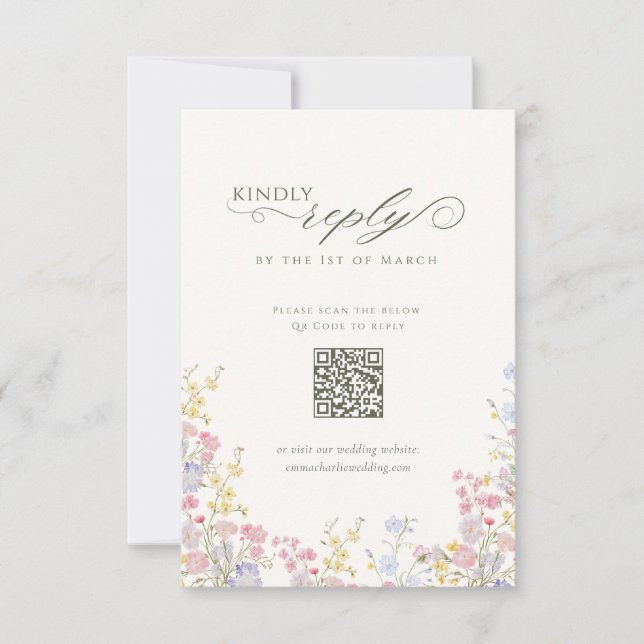 Cartão RSVP Elegant Floral Wildflower Calligraphy QR Code (Frente)
