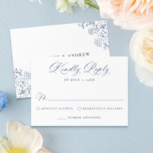 Cartão RSVP Elegant French Blue Victorian Floral Wedding (Criador carregado)