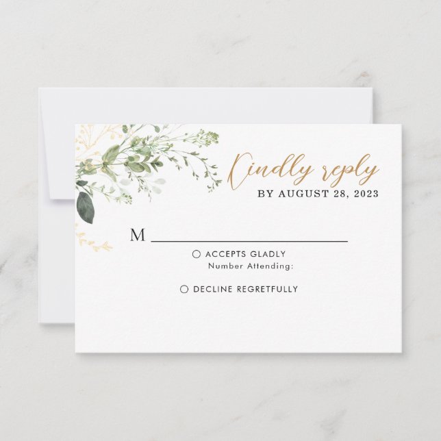 Cartão RSVP Elegant Gold and Greenery Eucalyptus Wedding  (Frente)