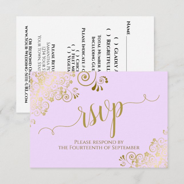 Cartão RSVP Elegant Gold Calligraphy on Lilac Purple Wedding (Frente/Verso)