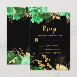 Cartão RSVP Elegant Green and Gold Flowers Sweet Sixteen