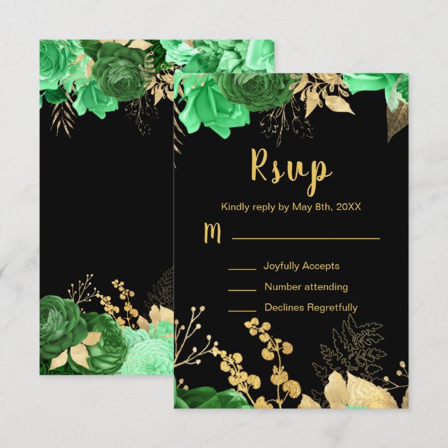 Cartão RSVP Elegant Green and Gold Flowers Sweet Sixteen (Frente/Verso)