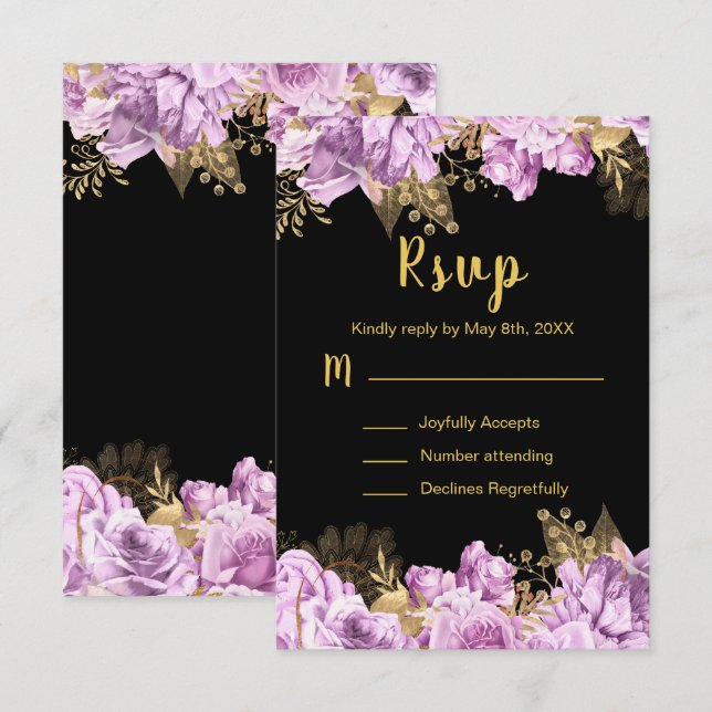 Cartão RSVP Elegant Lilac and Gold Flowers Sweet Sixteen (Frente/Verso)