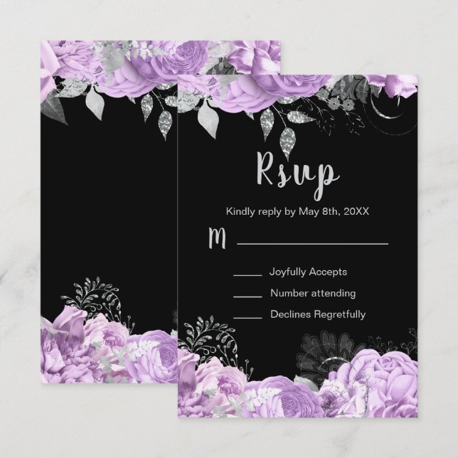Cartão RSVP Elegant Lilac and Silver Flowers Sweet Sixteen (Frente/Verso)