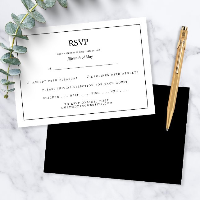 Cartão RSVP Elegant Minimal Border Black and White Wedding (Criador carregado)