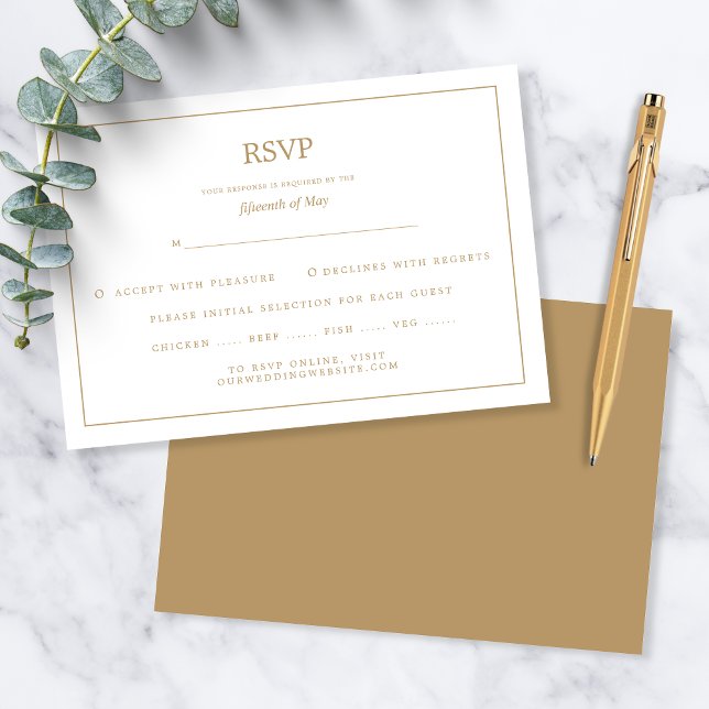 Cartão RSVP Elegant Minimalist Border Gold Wedding (Criador carregado)