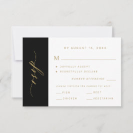 Cartão RSVP Elegant minimalist typography gold black wedding