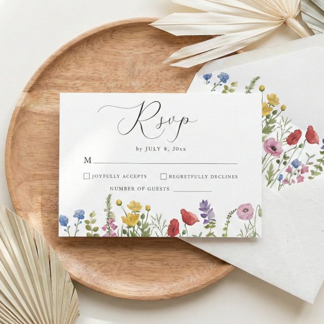 Cartão RSVP Elegant Minimalist Whimsical Wildflower Wedding (create your own personalized wildflower modern script calligraphy rsvp card)