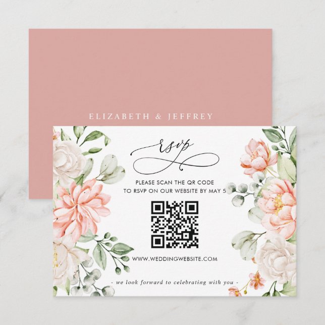 Cartão RSVP Elegant Modern Botanical Blush Floral QR CODE (Frente/Verso)