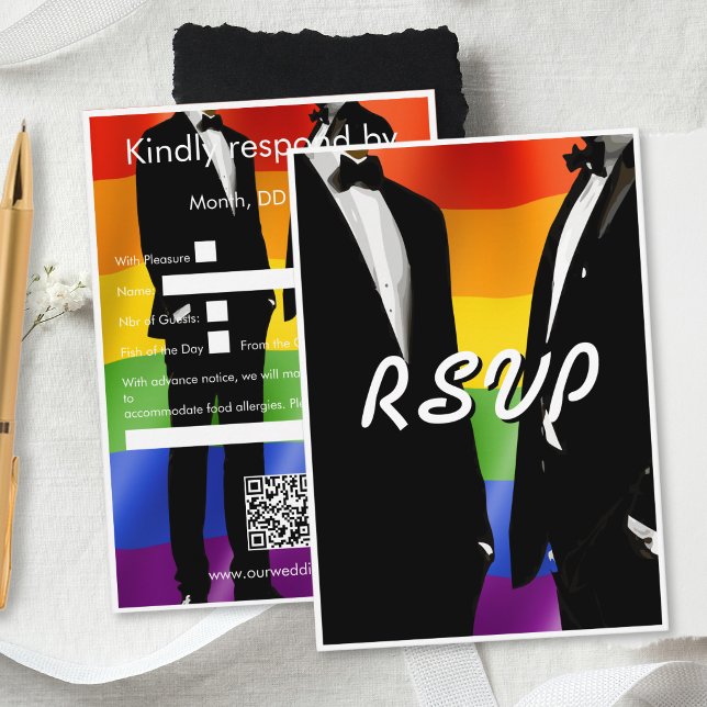 Cartão RSVP Elegant Modern Gay Men Wedding Rainbow QR Code (Criador carregado)