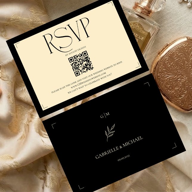 Cartão RSVP Elegant Monogram Cream and Black Wedding  (Criador carregado)
