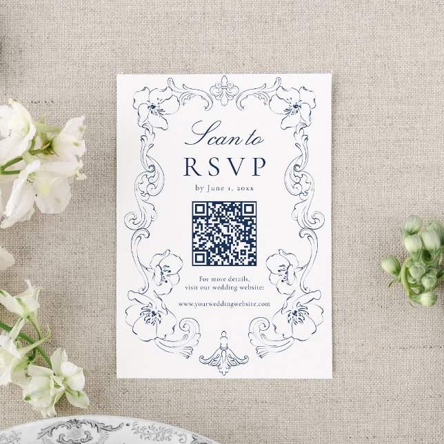 Cartão RSVP Elegant Navy Ornate Floral QR Code Wedding (Criador carregado)