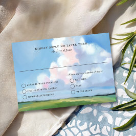 Cartão RSVP Elegant Painted Blue Sky Puffy Pink Clouds Wedding