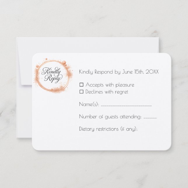 Cartão RSVP Elegant Peach Sparkle Wedding Script Calligraphy (Frente)