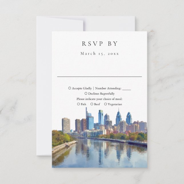 Cartão RSVP Elegant Philadelphia Skyline Watercolor Wedding (Frente)