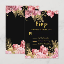 Cartão RSVP Elegant Pink and Gold Flowers Sweet Sixteen