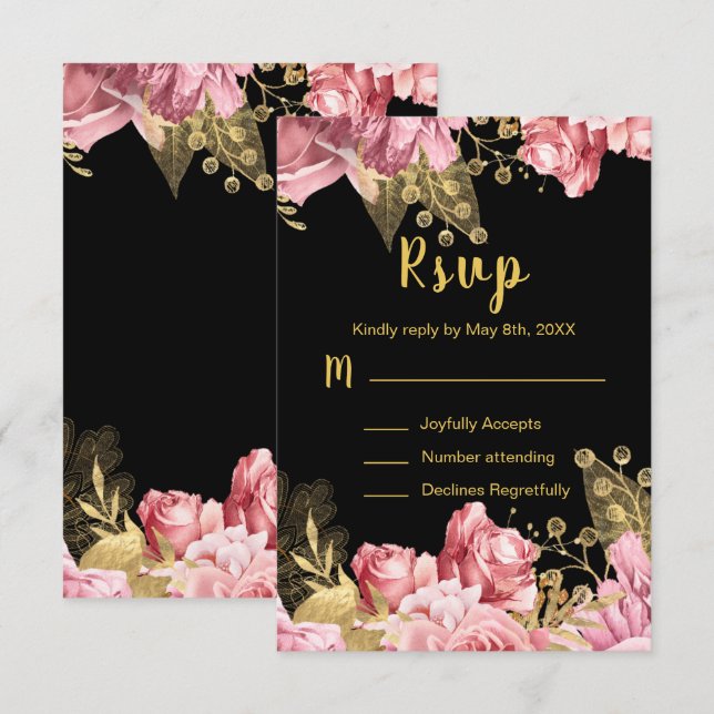 Cartão RSVP Elegant Pink and Gold Flowers Sweet Sixteen (Frente/Verso)