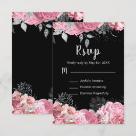 Cartão RSVP Elegant Pink and Silver Flowers Sweet Sixteen