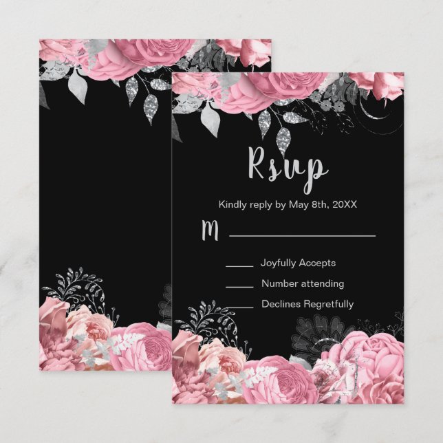 Cartão RSVP Elegant Pink and Silver Flowers Sweet Sixteen (Frente/Verso)