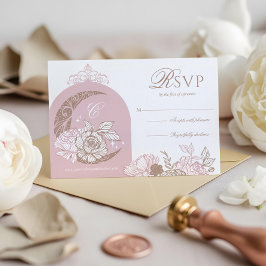Cartão RSVP Elegant Pink Florals Moon Stars Tiara Quinceañera