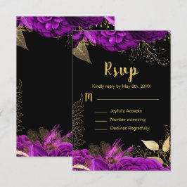 Cartão RSVP Elegant Purple and Gold Flowers Sweet Sixteen