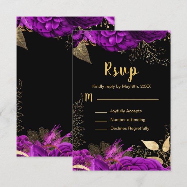 Cartão RSVP Elegant Purple and Gold Flowers Sweet Sixteen (Frente/Verso)