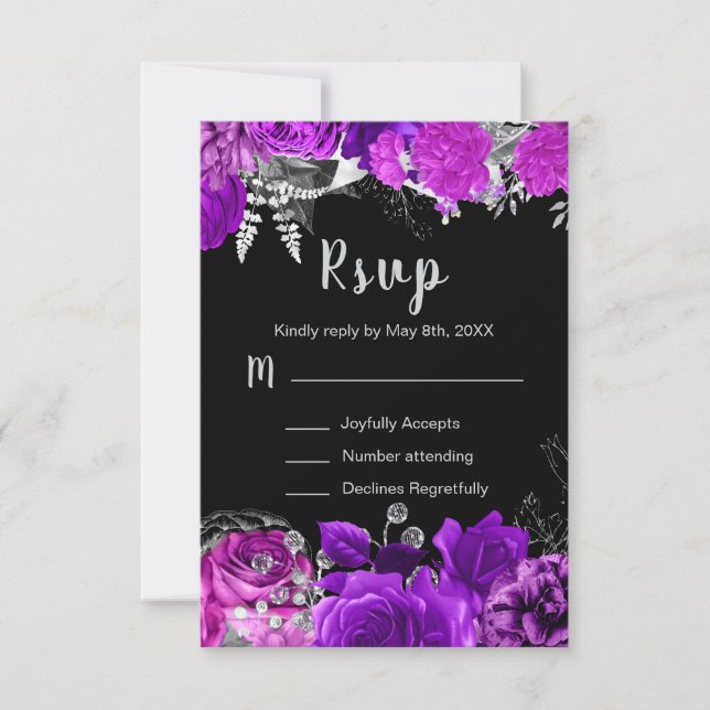 Cartão RSVP Elegant Purple and Silver Flowers Sweet Sixteen  (Frente)