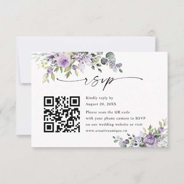 Cartão RSVP Elegant Purple Floral Wedding Website QR Code (Frente)