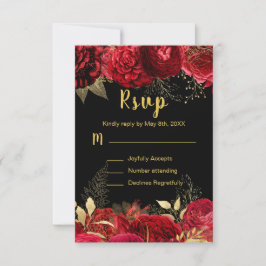 Cartão RSVP Elegant Red and Gold Flowers Sweet Sixteen