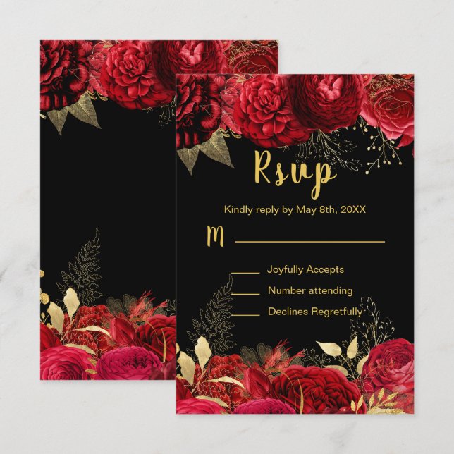 Cartão RSVP Elegant Red and Gold Flowers Sweet Sixteen (Frente/Verso)