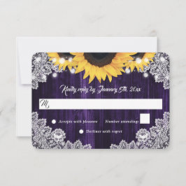 Cartão RSVP Elegant Rustic Purple Wood Lace Sunflower Wedding