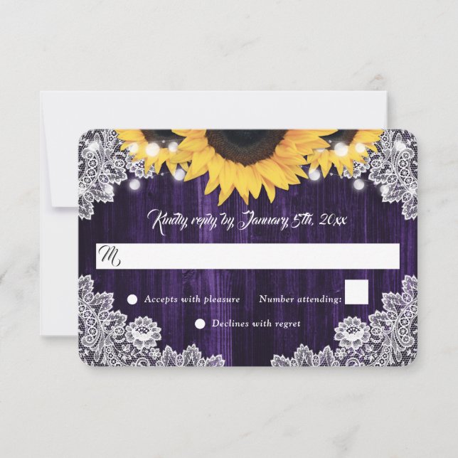 Cartão RSVP Elegant Rustic Purple Wood Lace Sunflower Wedding (Frente)