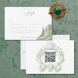 Cartão RSVP Elegant Sage Green Toile French Manor Wedding QR