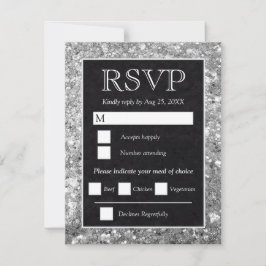 Cartão RSVP Elegant Silver Glitter Black Wedding
