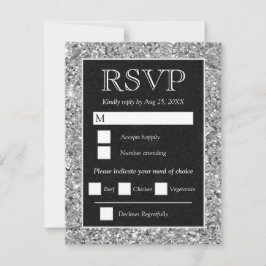 Cartão RSVP Elegant Silver Glitter Black Wedding