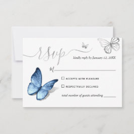 Cartão RSVP Elegant Silver Light Baby Blue Butterfly Wedding