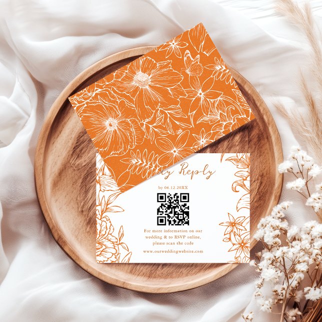 Cartão RSVP Elegant Simple Copper Floral QR Code Wedding (Criador carregado)