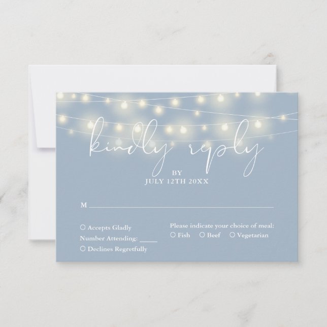 Cartão RSVP Elegant String Lights Dusty Blue Wedding (Frente)