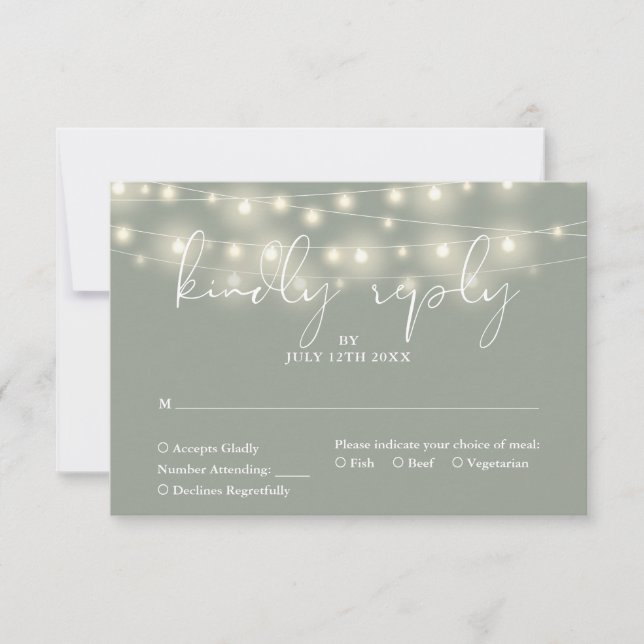 Cartão RSVP Elegant String Lights Sage Green Wedding (Frente)
