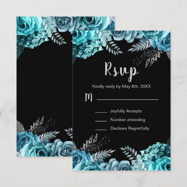 Cartão RSVP Elegant Teal Blue and Silver Flowers Sweet Sixteen (Frente/Verso)