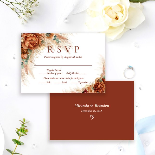 Cartão RSVP Elegant Terracotta Boho Pampas Grass Wedding (Criador carregado)