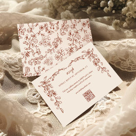 Cartão RSVP Elegant Terracotta Vintage Floral QR Code Wedding