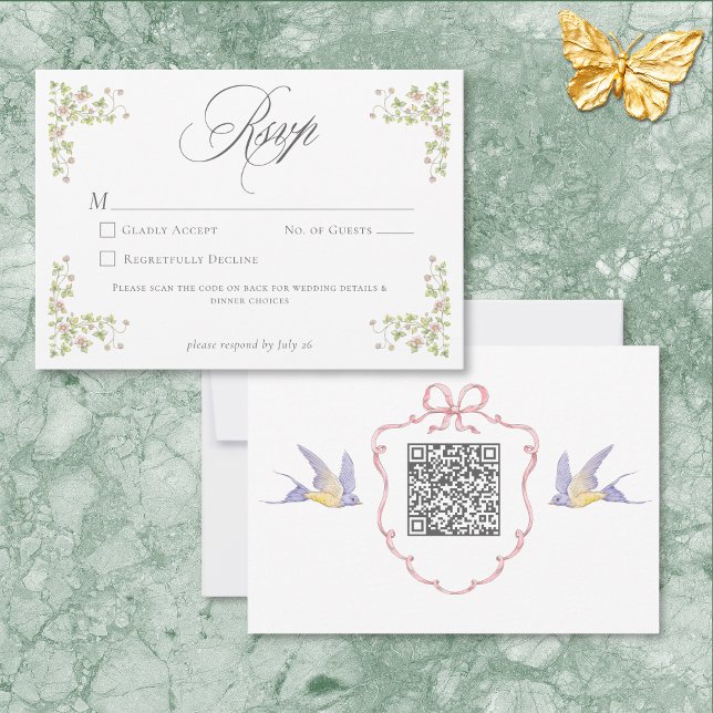 Cartão RSVP Elegant Victorian Pastel Floral Bow Wedding QR (Elegant Victorian Pastel Floral Bow Wedding QR RSVP Card)