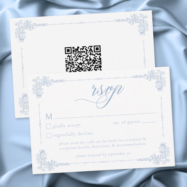 Cartão RSVP Elegant Vintage Baroque Dusty Blue Wedding QR (Elegant Vintage Baroque Dusty Blue Wedding QR Code RSVP Card)