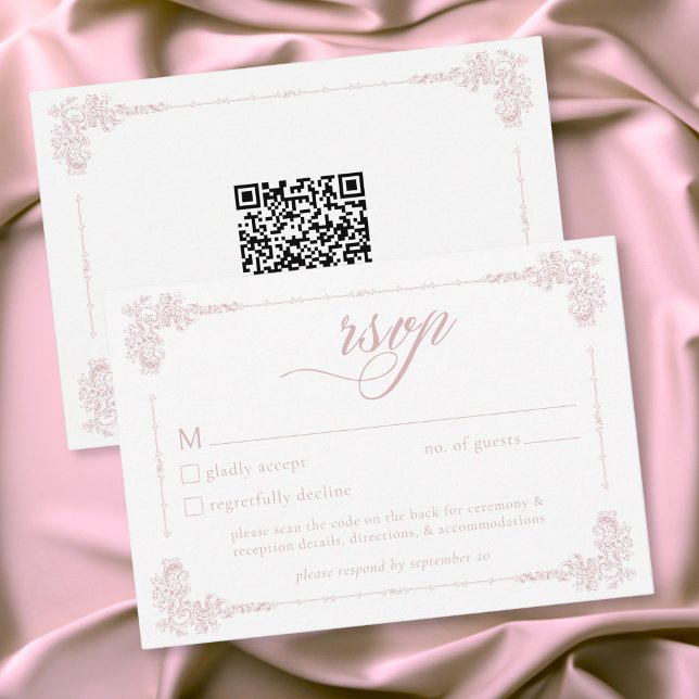 Cartão RSVP Elegant Vintage Baroque Dusty Pink Wedding QR (Elegant Vintage Baroque Dusty Pink Wedding QR RSVP Card)