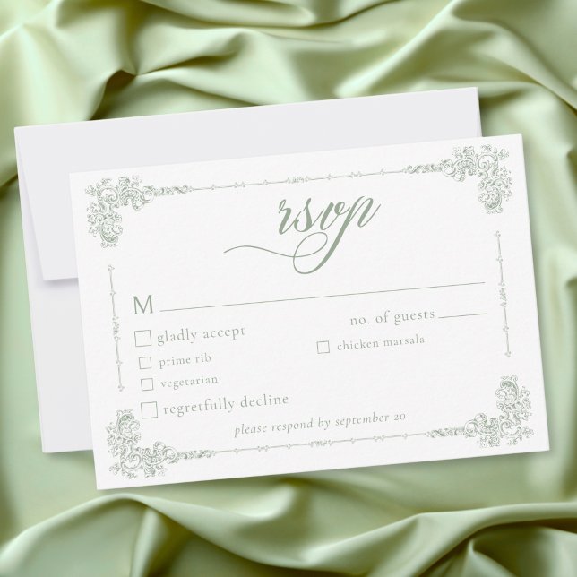 Cartão RSVP Elegant Vintage Baroque Sage Green Wedding (Elegant Vintage Baroque Sage Green Wedding RSVP Card)